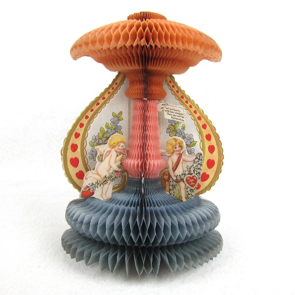 Antique Valentine Honeycomb 3D Pop Up Blonde Cupid Angels Hearts LARGE UNSIGNED